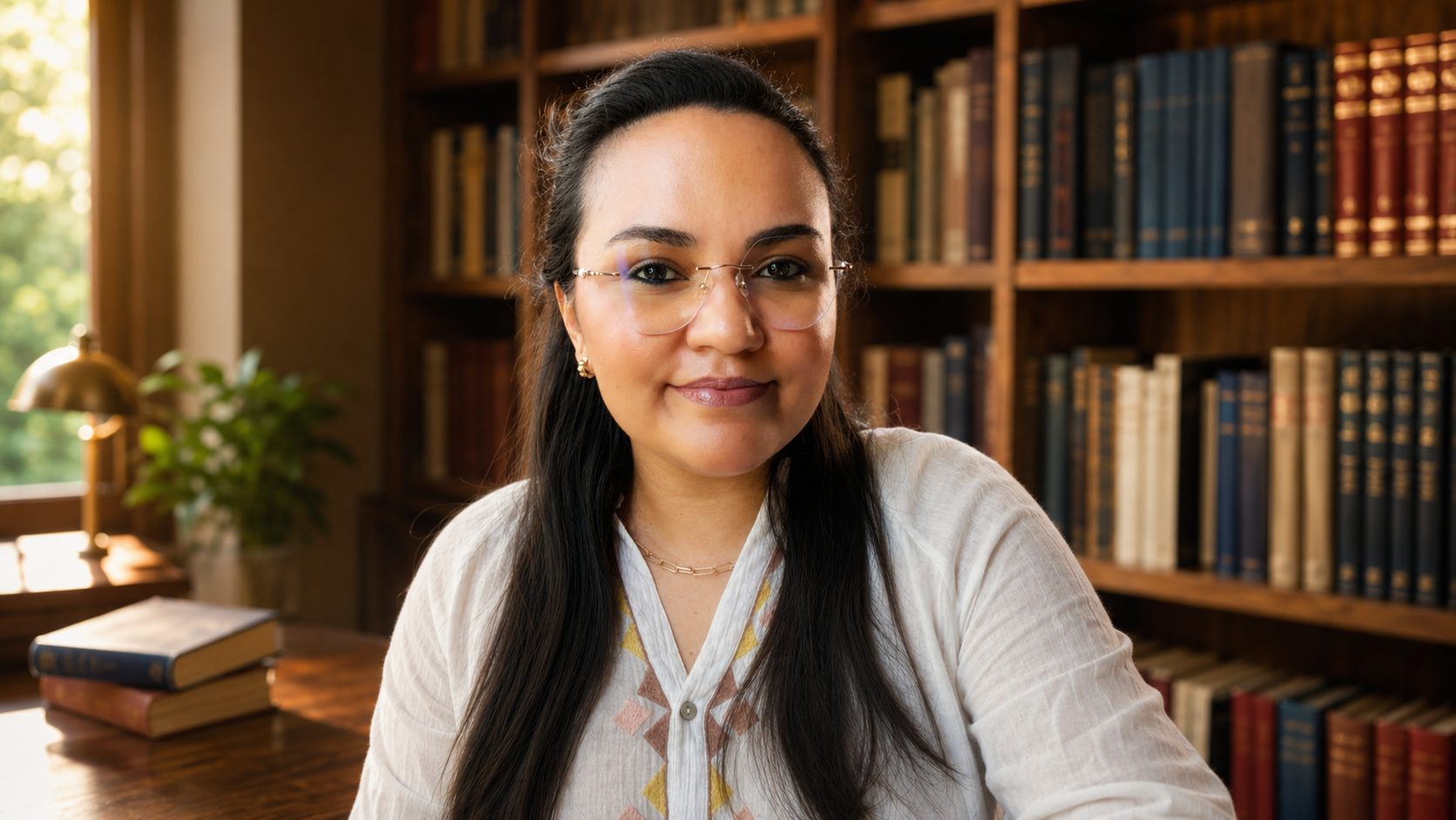 Denise M. Castro seated in her library, looking directly at the camera.