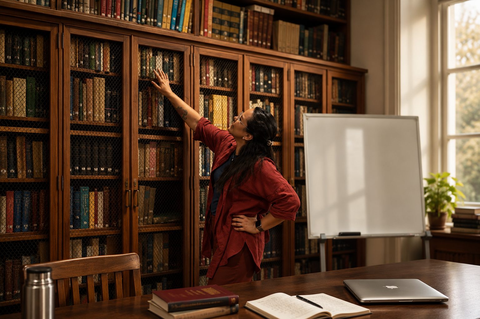 Denise M. Castro reaching for a book in her library, beside a whiteboard and a desk with an open notebook.